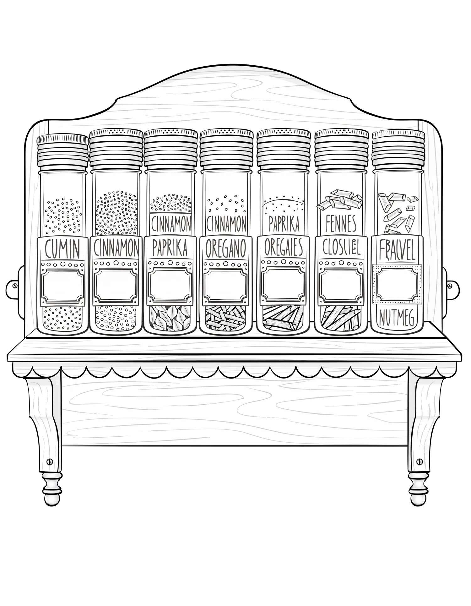 Étagère à Épices Étiquetée à la Main, Coloriage cuisine à imprimer gratuitement